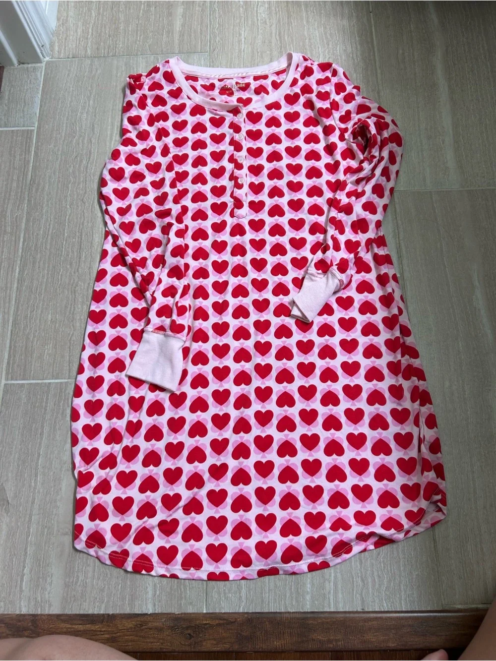 Kate Spade Pink Heart-Print Long Sleeve Pajama Nightgown